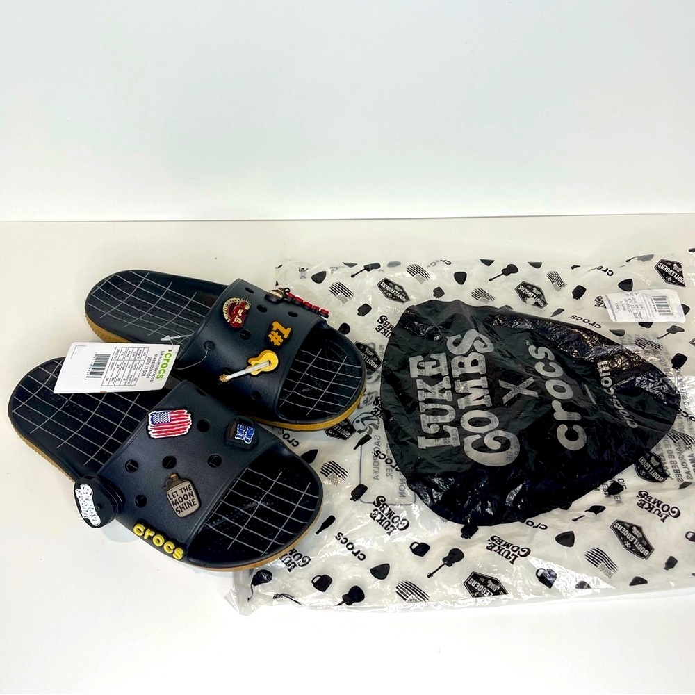 Luke Combs X Crocs Mens 8 Womens 10 Unisex Guitar Music Flag Beer Slides Sandals